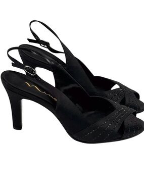 NINA “Camille” Black Lustre Slingback Peep-Toe Sandals